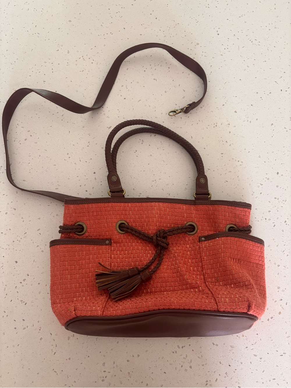 Relic Woven Coral Tote Purse with Brown Trim Handbag Optional Shoulder Strap